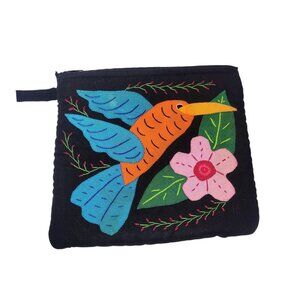 Vtg Handmade Hummingbird Molita Zip Purse Embroidered Quilted Ethnic Artsy READ